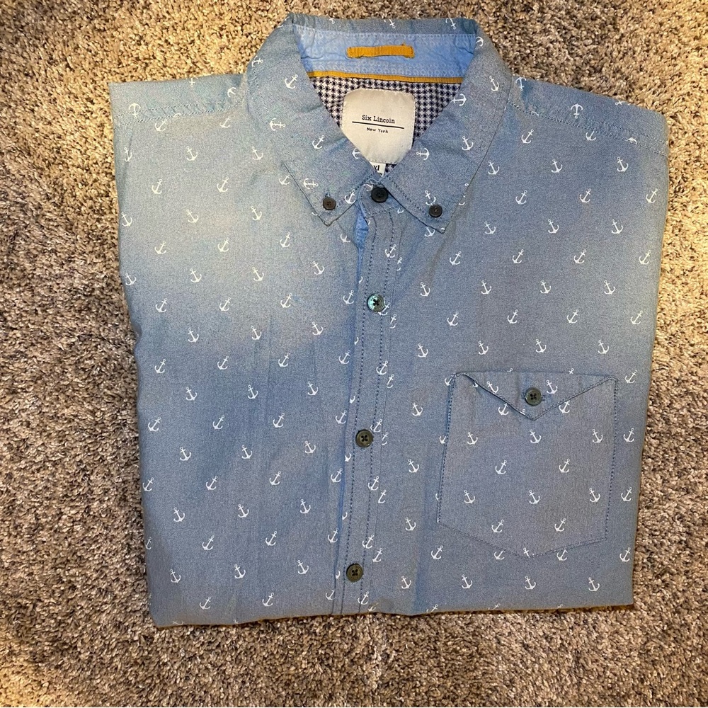 Blue Casual Button Down Shirt with Anchor Print